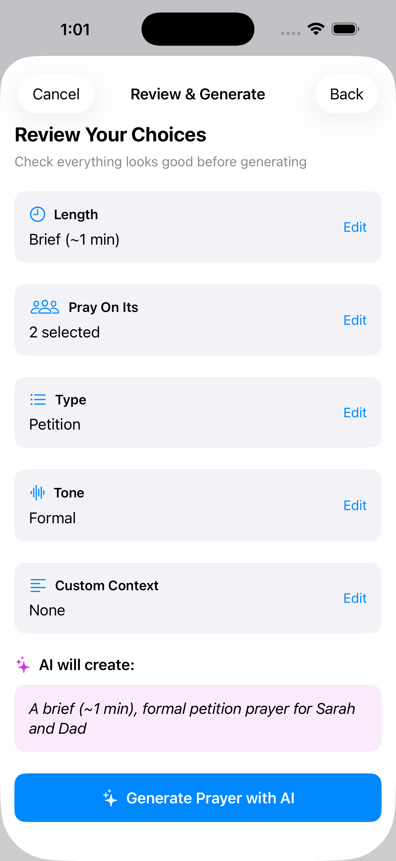 Reviewing an AI prayer request
